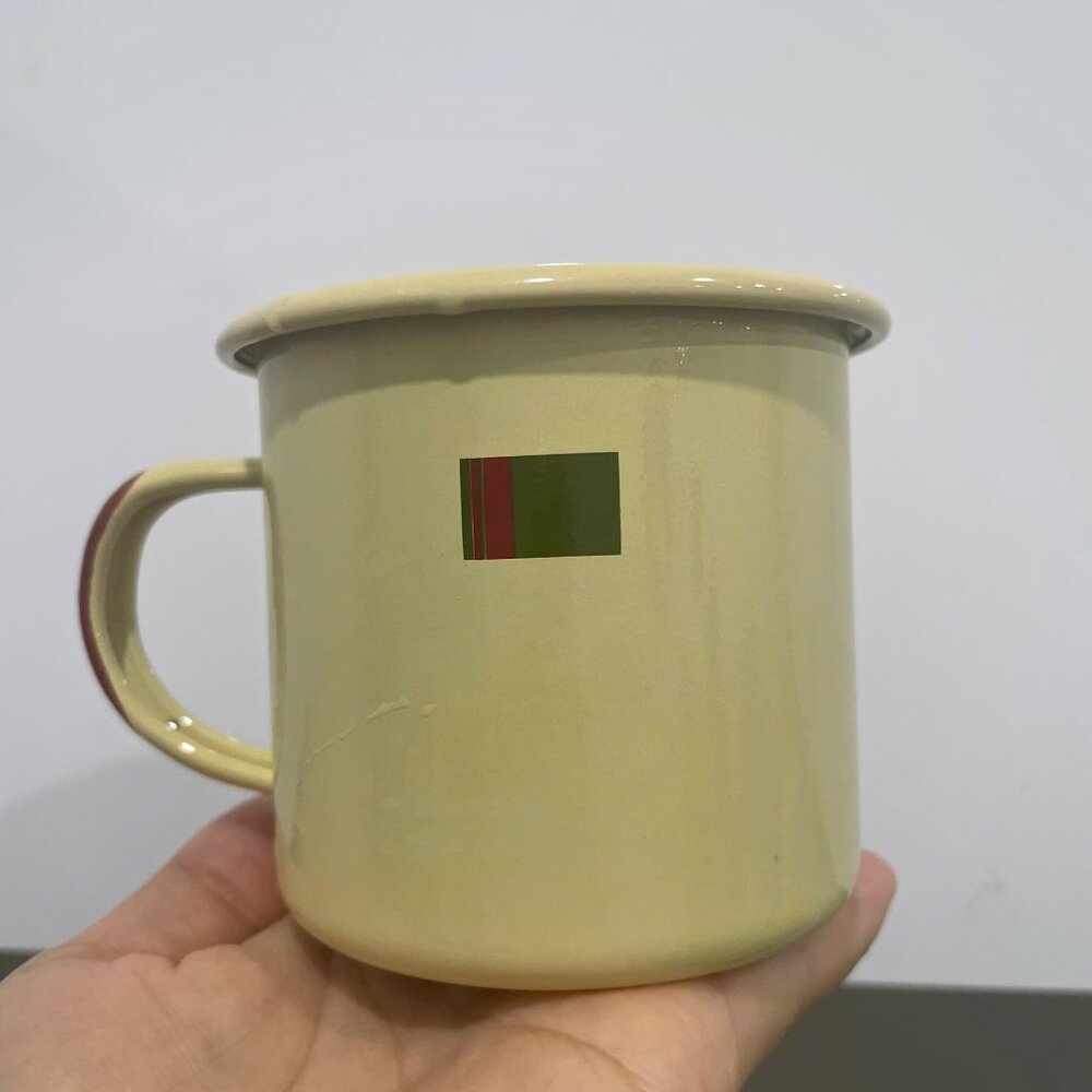 Vintage Enamel Mug | Cream Yellow Coffee Cup | Retro Military Style